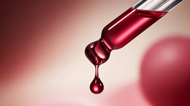 Macro shot of a dropper dispensing a rich red serum or liquid into a vibrant background