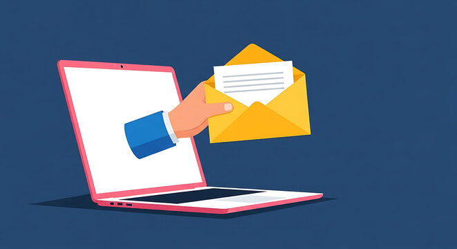 A hand holding a card interacts with an open laptop sending an envelope.