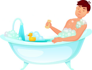 Naklejka premium Man enjoying a relaxing bubble bath with rubber duck