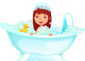 Naklejka premium Happy girl enjoying bubble bath with rubber duck