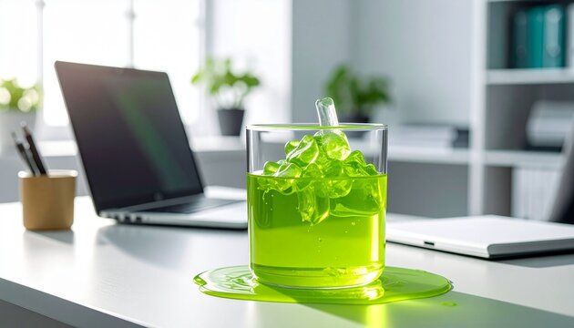 April Fools' Day Office Prank Featuring Green Jelly on Laptop Keyboard, Hyper-Realistic Workspace Humor Concept with Cinematic Lighting