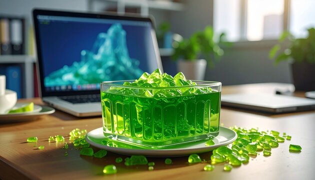 April Fools' Day Office Prank Featuring Green Jelly on Laptop Keyboard, Hyper-Realistic Workspace Humor Concept with Cinematic Lighting