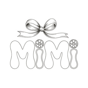 A decorative illustration of the name mimi with a bow and floral accents