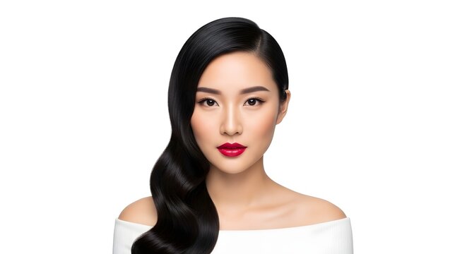 Beautiful Asian Woman with Red Lipstick and Black Hair