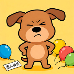 Obraz premium Angry brown cartoon dog with balloons on yellow background