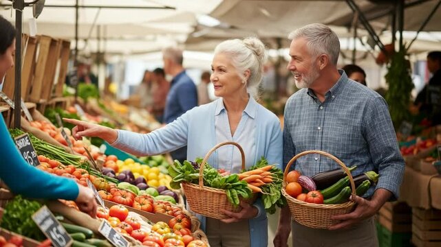 A senior couple shopping for fresh produce at an outdoor market video