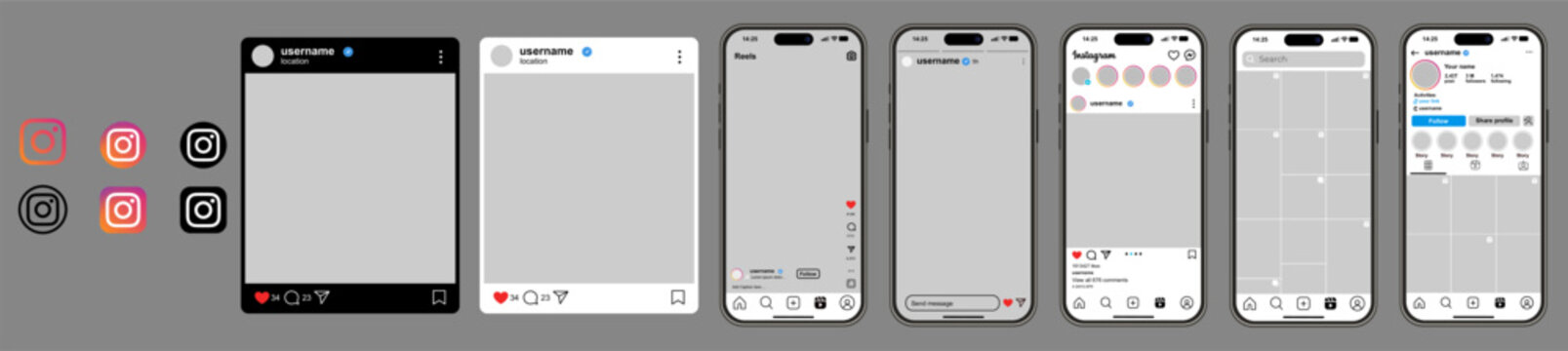 Versatile user interface set for Instagram social media with light and dark aesthetics, professional post frames and mobile screen layouts for digital creators