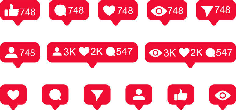 Set of social media notification icons in red bubble style, interaction for likes, comments and followers, graphic illustration of digital marketing statistics