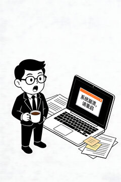 Man in suit shocked by laptop error message on white background