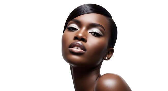 Elegant Black Woman with Bold Makeup on White Background