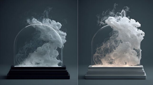 Glass domes with smoke on different colored bases