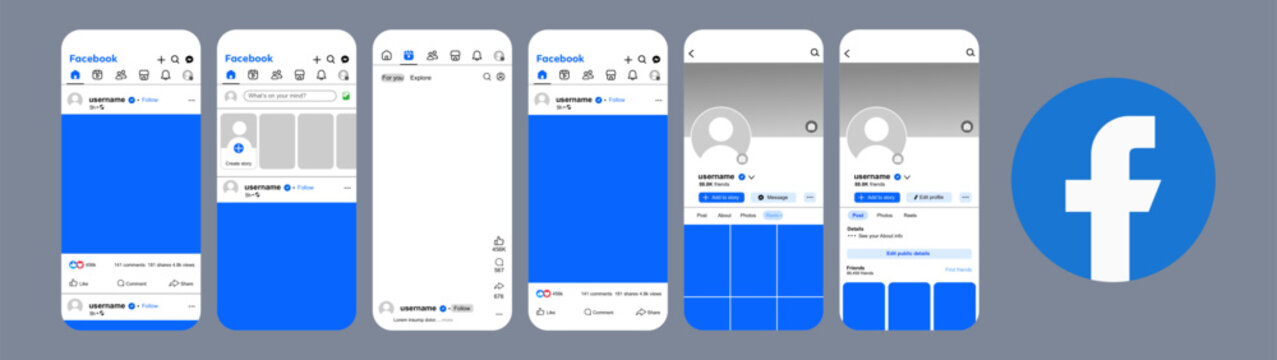 Facebook mobile app interface with modern blue details, comprehensive user interface for social networks (profile and news pages), smartphones for interaction with the community and businesses