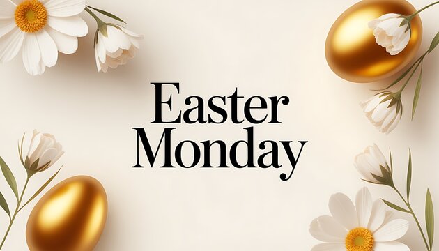 Elegant easter monday composition with golden eggs, white daisies, and soft cream background, copy space