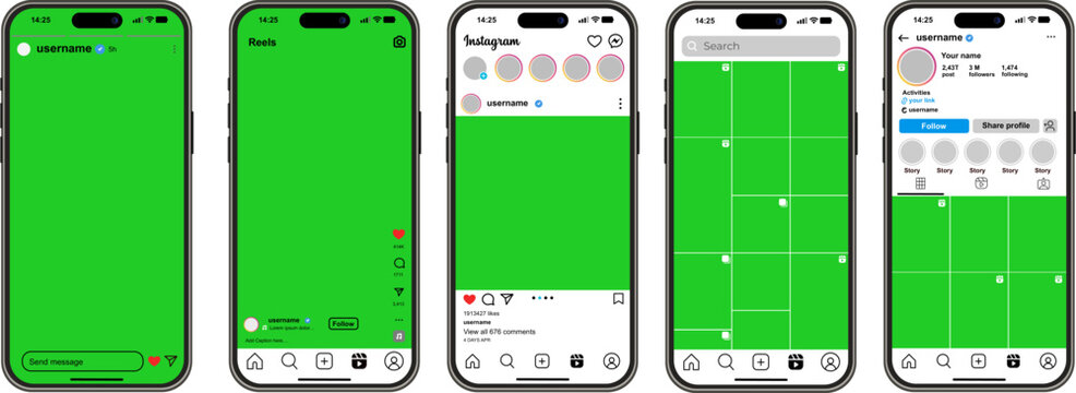 Instagram interface with green screen placeholders for video editing, mobile app user interface for reels and stories with chroma key backgrounds