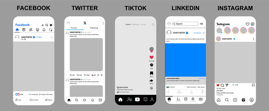 Collection of social media interfaces including designs for Facebook, Twitter, TikTok, LinkedIn and Instagram, user interface (UI) and user experience (UX) for mobile applications
