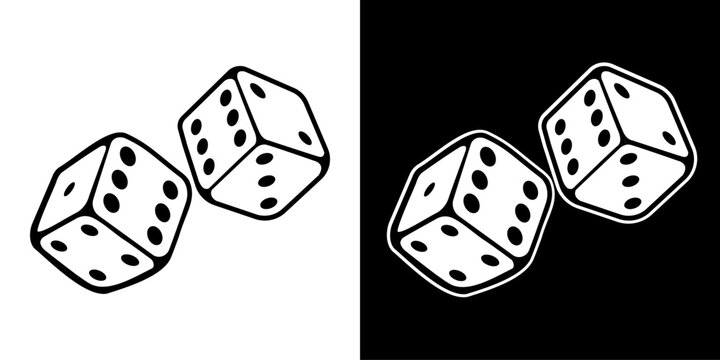 Two rolling dice cubes. Six sided dice symbol isolated on white and black background.