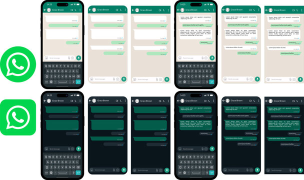 WhatsApp messaging application interface in light and dark modes, mobile chat conversation user interface with keyboard and message bubbles