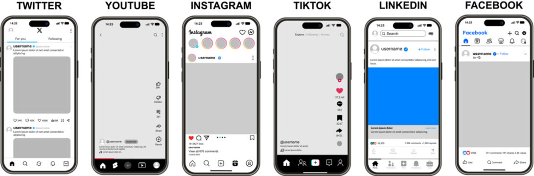 A collection of smartphones with interfaces for popular social media applications, professional UI and UX designs for major digital platforms, and a collection of mobile applications for marketing