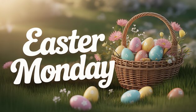 Easter monday decorated eggs scattered on green grass in front of a basket with flowers and soft sunlight with copy space
