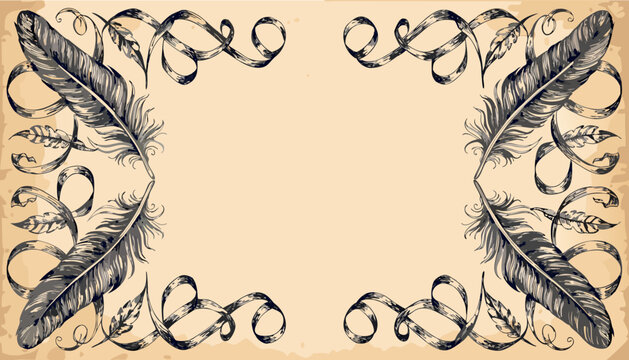Vintage Background with Hand Drawn Feathers and Elegant Ribbon Scrolls on Aged Paper