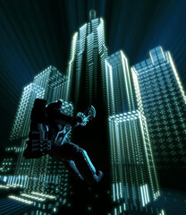 Astronauts and technology icons in a space station. © yongheng19962008