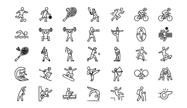 Sports icons: diverse athletes in action, racket, ball, bicycle