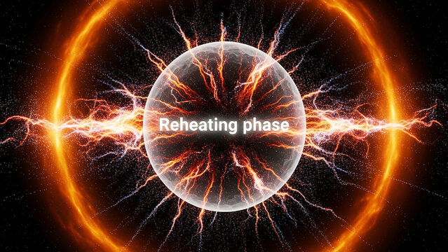 Reheating phase of a large glowing orb with orange lightning and sparks on a dark background with a ring of fire