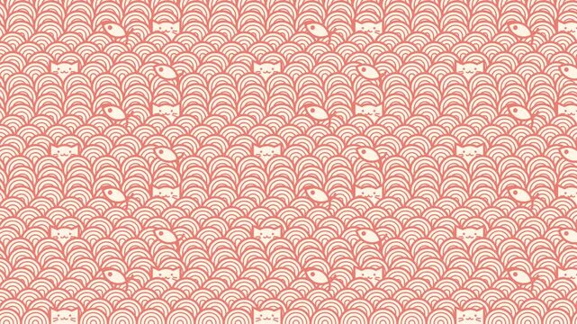 Japanese Pattern Background Animation &ndash; Seigaiha Wave with Cat and Fish Kawaii Pink Design Loop