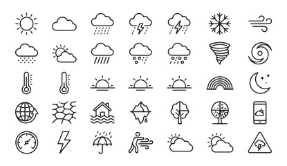 Obraz premium Weather icons: sun, clouds, rain, snow, storm, thermometer