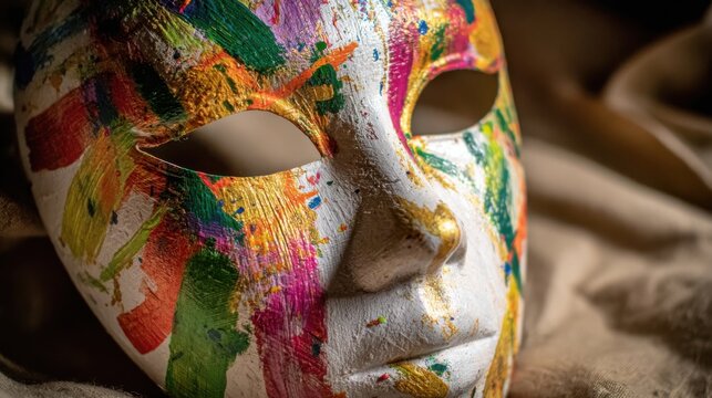 Close-up of a White Venetian Mask Adorned with Vibrant Abstract Expressionist Painted Splatters