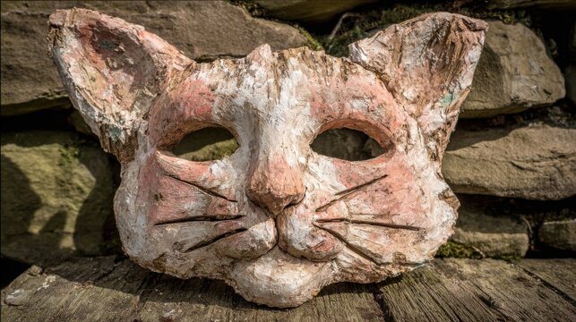 Handmade Stylized Cat Face Mask with Pointed Ears and Whiskers