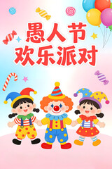 Naklejka premium Three cartoon clowns at a festive party with balloons and candies