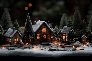 Fototapeta premium Miniature winter village with cozy lights and snow Image