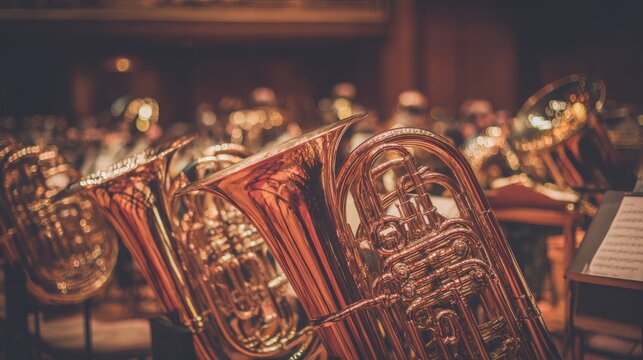Gleaming polished copper and brass instruments, likely tubas, arranged for an orchestral performance.