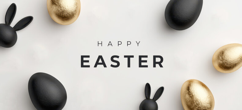Happy easter greeting card with black bunny ears, golden and matte black eggs, minimalist luxury holiday design