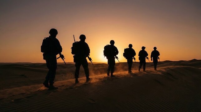 Soldiers marching in desert silhouette during sunset  