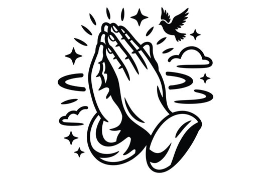 Hands praying gesture with shining stars flying dove and clouds for spiritual belief symbol