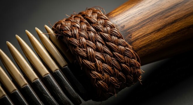 Broom with natural fiber bristles and wooden handle.