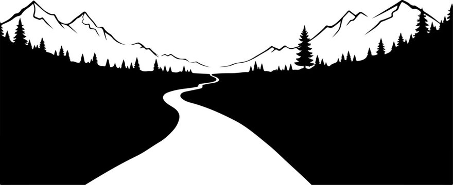 Black and white mountain road landscape, scenic vector illustration, road to mountains, silhouette trees