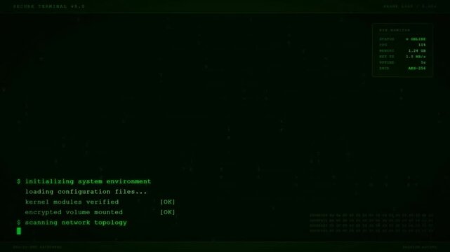Futuristic Green Computer Terminal With Global Network Data Core Coding Screen.