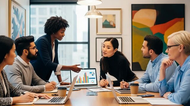 A diverse group of business professionals engaged in a meeting around a table with laptops and papers in a modern office space