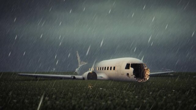 Abandoned airplane wreck in heavy rain field, dramatic aviation disaster scene, damaged aircraft fuselage in storm landscape, emergency crash concept with dark cinematic atmosphere