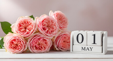 Fototapeta premium Pink roses and may 1st calendar