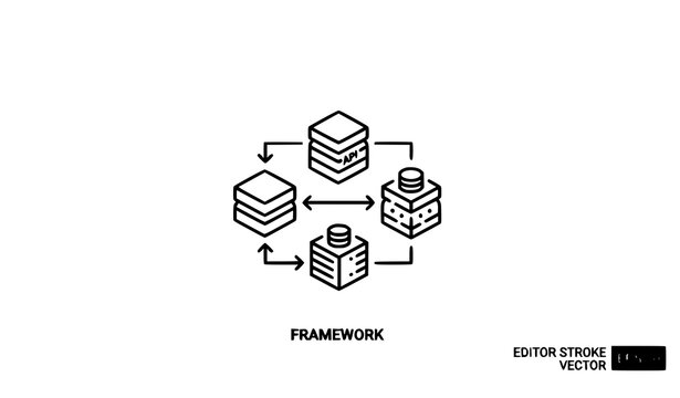 Software framework and API integration icon with modular system blocks in thin outline vector design