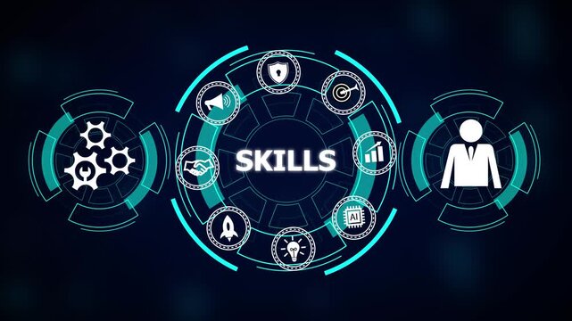 Digital skills infographic concept with icons representing success teamwork innovation artificial intelligence and security