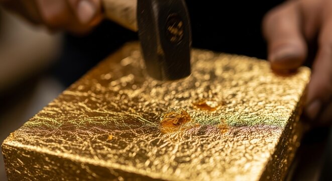 Goldsmith working on gold block.