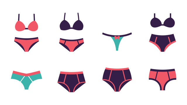 Collection of eight women's lingerie sets including bras and various styles of panties in pink, purple, and teal colors for retail use.