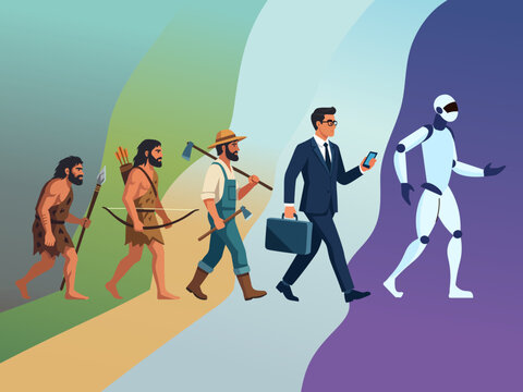 evolution man primitive caveman modern businessman artificial intelligence robot