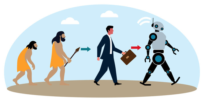 evolution man primitive caveman modern businessman artificial intelligence robot