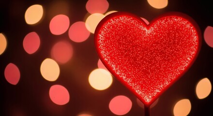 Fototapeta premium A large red heart shaped balloon with glittery texture stands out against a vibrant background of blurred yellow and pink lights, symbolizing love and celebration.